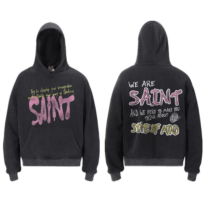Sweat à capuche imprimé Ange Saint Michel Hommes Femmes Streetwear Américain Sweat-shirt à enfiler délavé Coupe décontractée ample