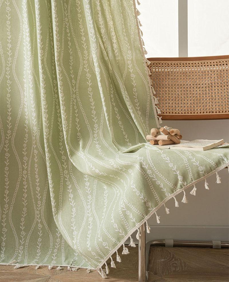 Boho Curtain for Living Room,Cotton Linen Semi Sheer Vintage Farmhouse Printed Floral Curtain For Kitchen Living Room Bedroom