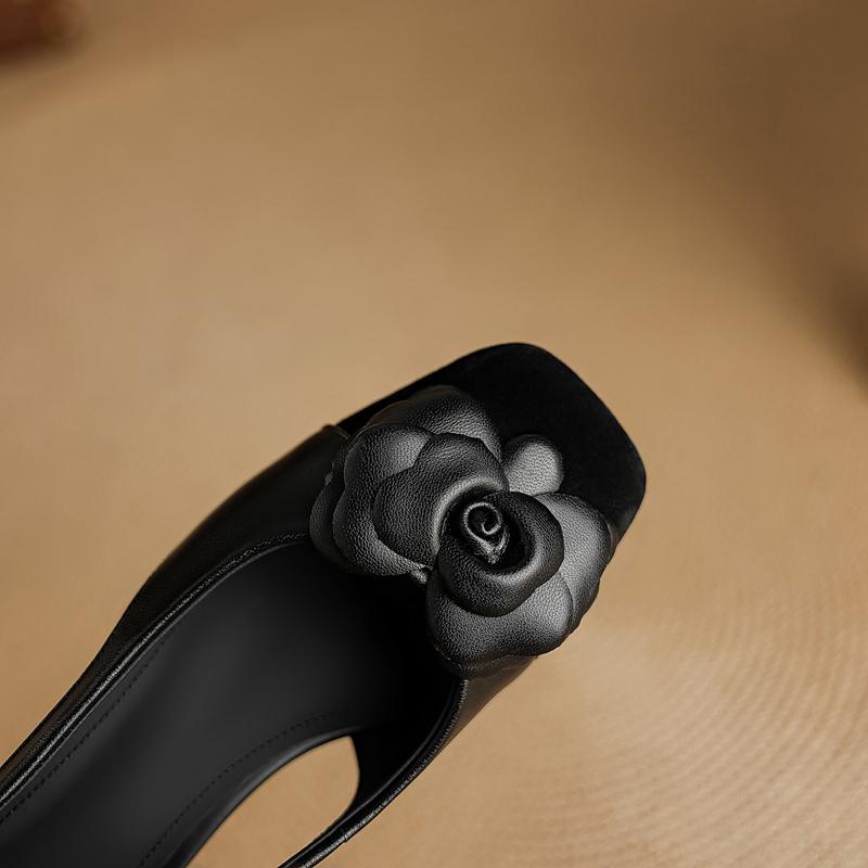 Fashion Women's New Spring/summer Genuine Leather Square Toe Flower Breathable Hollow Middle Heel Color Blocked Single Shoe