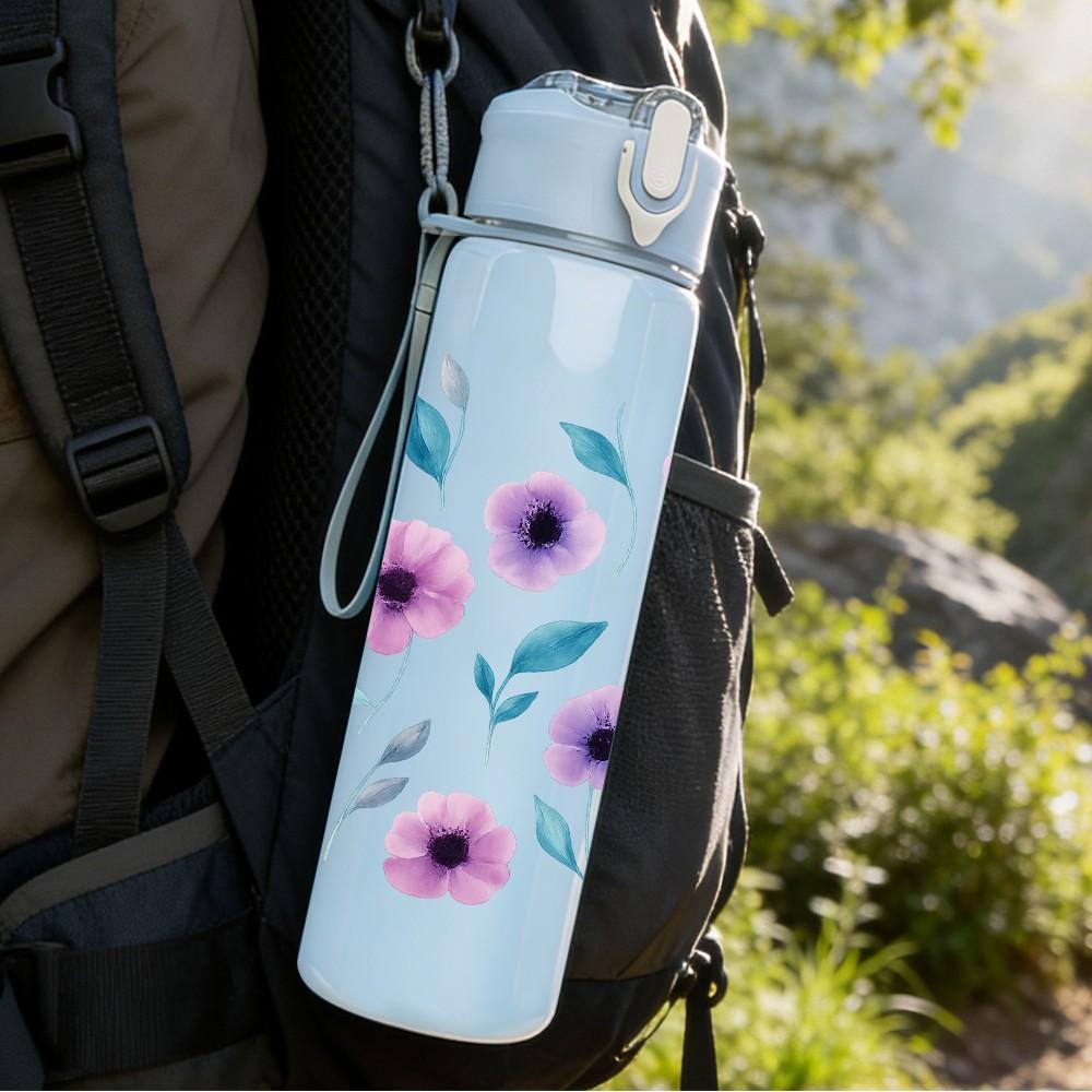 1PC Purple Wildflower Pattern 750ml Color Plastic Sports Water Bottle Leakproof Flip Straw Lid Suitable for Sports Office Home Use