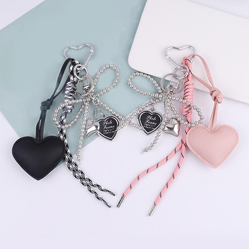 Leather Heart Bow Keychain Delicate Beaded Keyring Car Key Holder Bag Pendant Decoration For Girls Gift