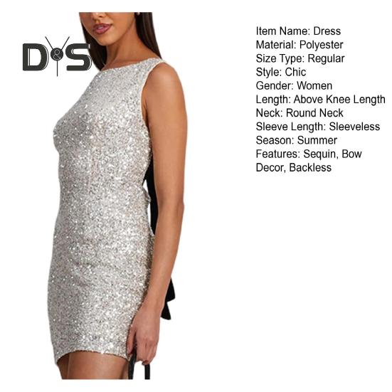 Dámské večerní šaty na ples, koktejlovou párty, mini šaty s flitry, mašlí na zádech, bez rukávů, slim fit, kulatý výstřih, krátké šaty pro herečku, celebritu