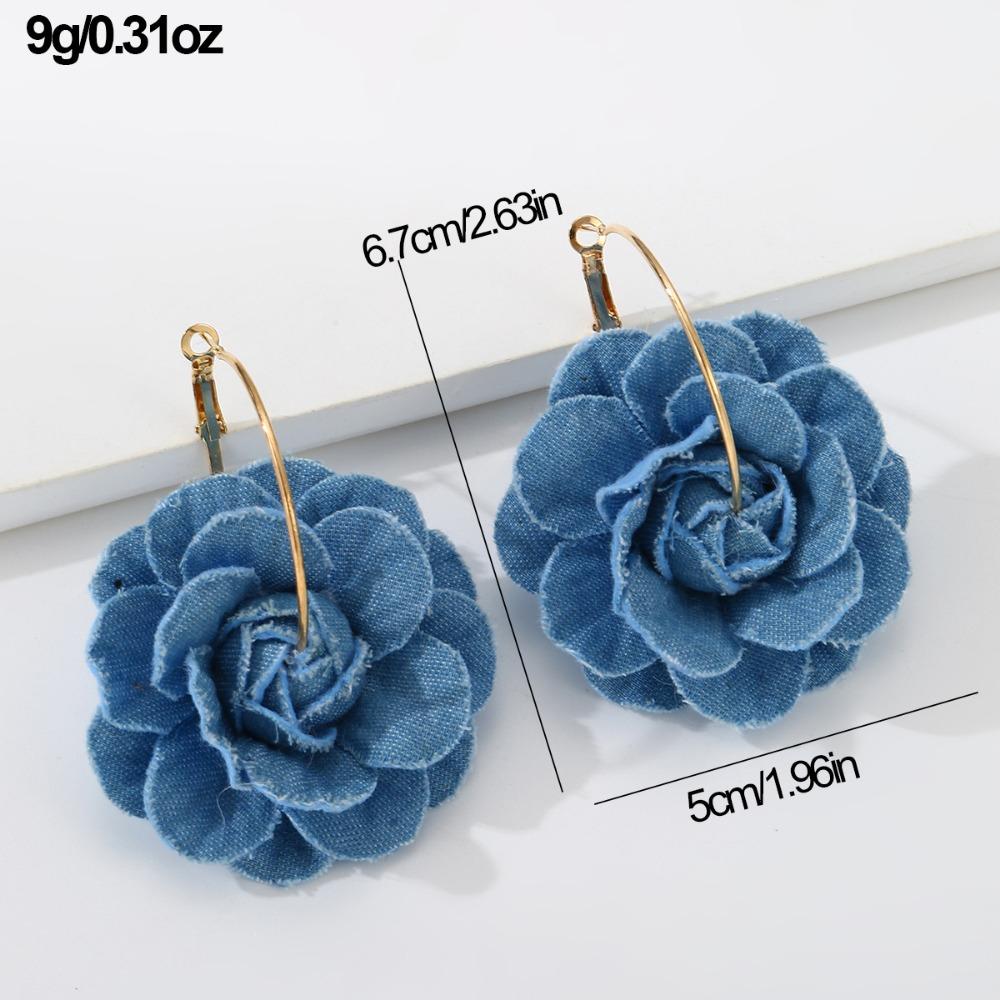 Blaue Rosenohrringe Handgefertigte Ohrringe aus Jeansstoff für Damen Übertriebene Kamelien-Blumenohrringe Party-Schmuck Geschenke