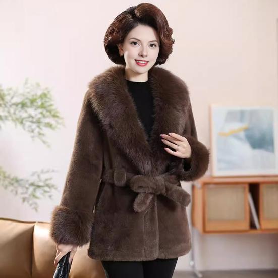 Women's Furry Coat with Faux Fur Collar And Cuff Winter Warm Belted Fuzzy Jacket Long Sleeve Open Front Fluffy Outerwear