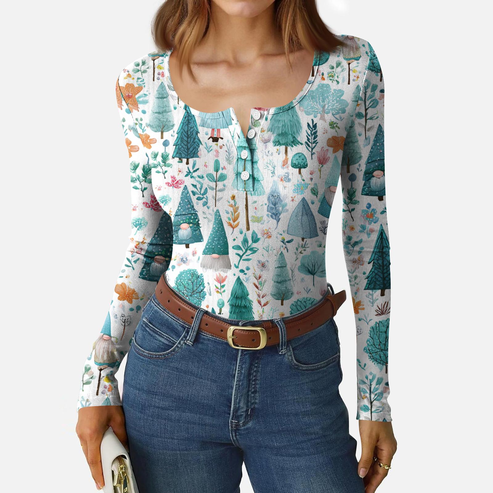 

Women s Casual Fashion Christmas Print Button Long Sleeve Top S