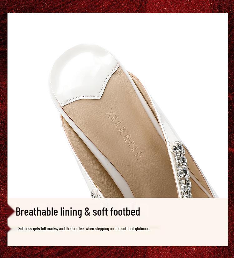 JC Fairy Rhinestone Patent Leather Stiletto Mules: Summer Pointed Toe, Closed Temperament Half-Slippers
