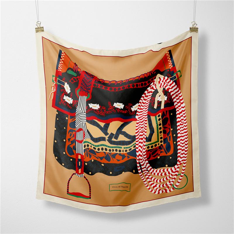 Twill Silk Scarf Woman Saddle Print Square Scarves Wraps Bandana Small Hijab Silk Foulards Tie Headband Neckerchief 53CM