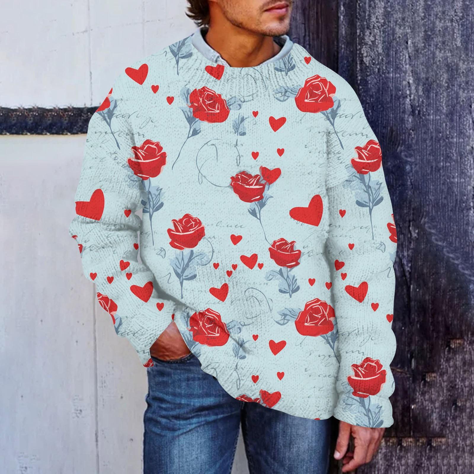

Мужской свитер с принтом ко Дню святого Валентина, толстовка с круглым вырезом, свободный топ с длинными рукавами XL небесно-голубой