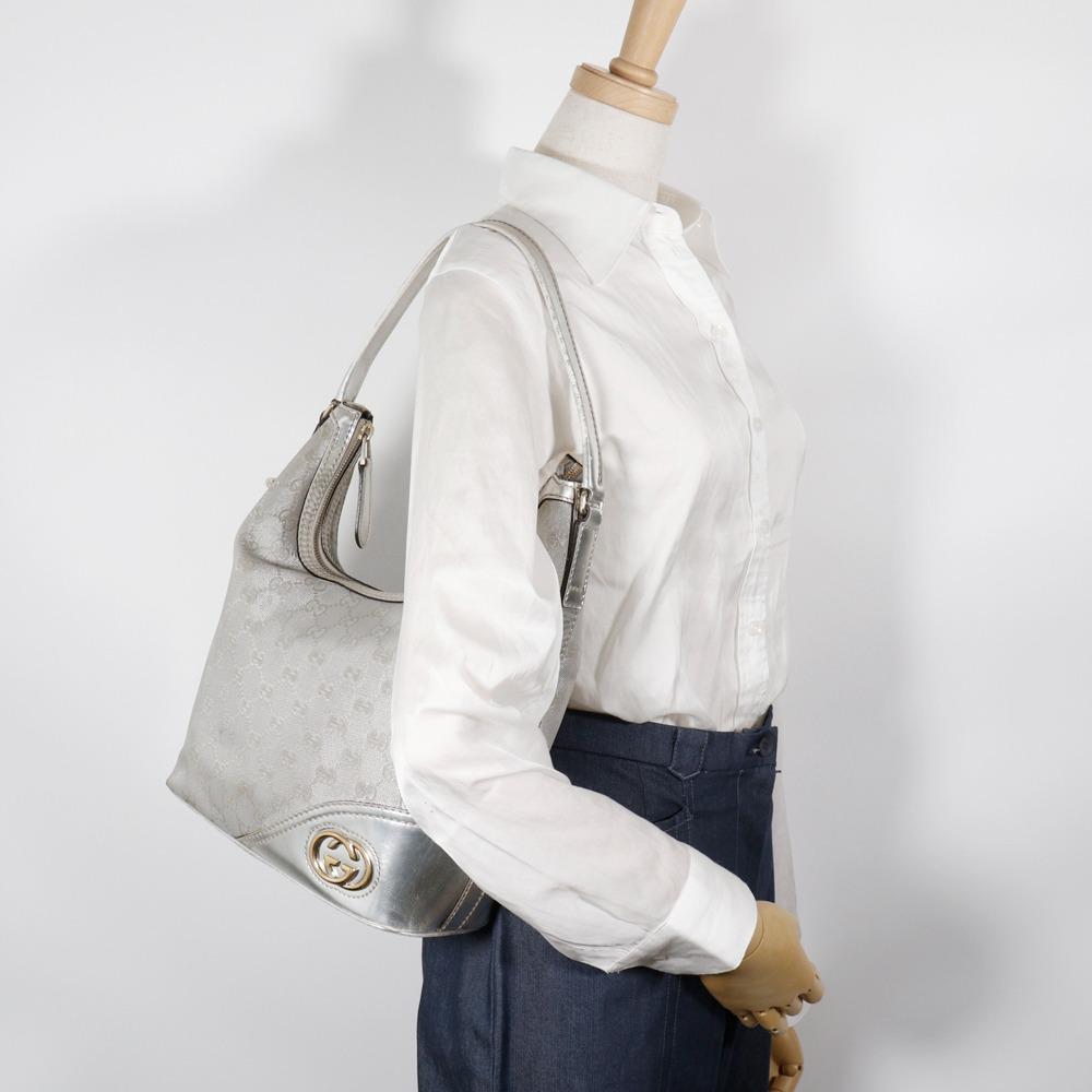 Gucci Interlocking G Shoulder Bag 182491 Silver GG Canvas Women Used
