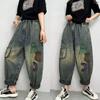 Vintage Style Loose High Waist Harem Pants Women Casual Denim Pants Female Embroidered Letters Jeans Pants
