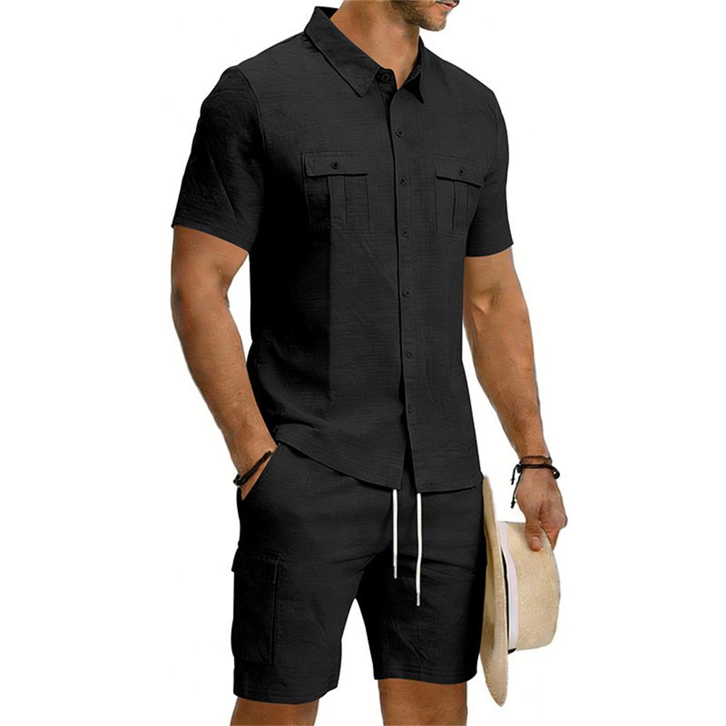 Men's Casual Short-sleeved Tooling Shirt Multi-pocket Shorts Set