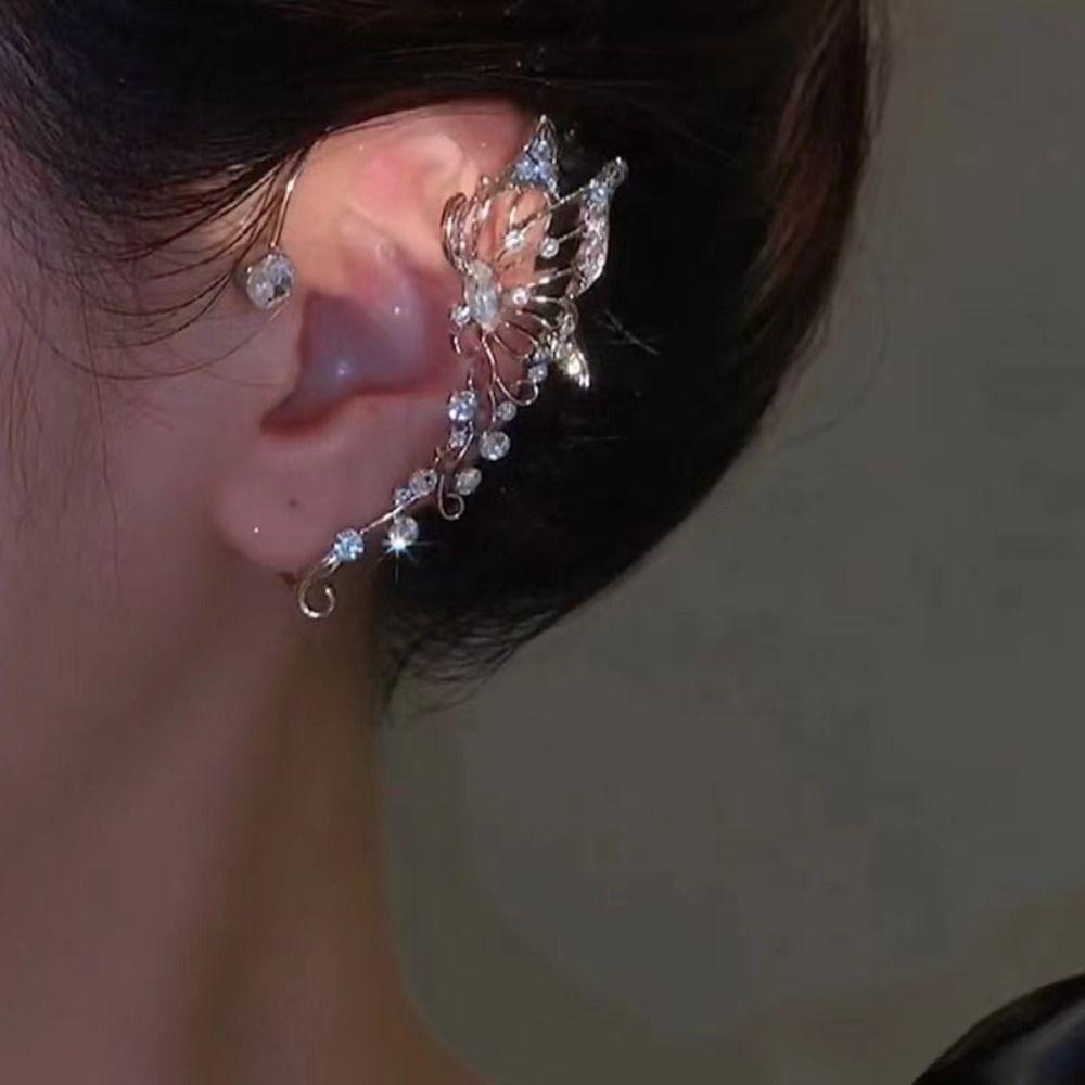 Elegant Butterfly Ear Cuff Sparkling Zircon Women Ear Loop Crystal Clip Earrings Versatile Jewelry