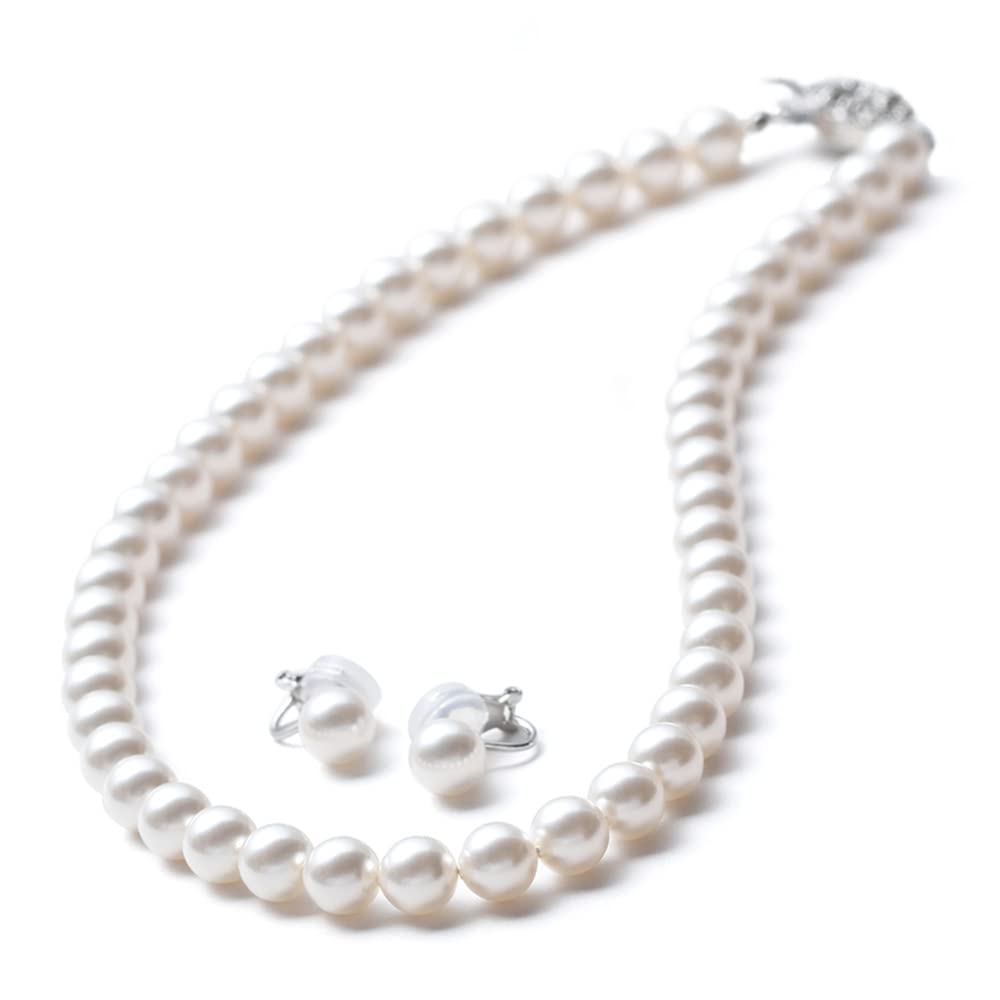 

[VOTRE COUTURE] Pearl Necklace and Earrings, 8mm, Made in Japan, Suitable for Formal Occasions, 10-Year Brand Warranty, White x Silver, Brass