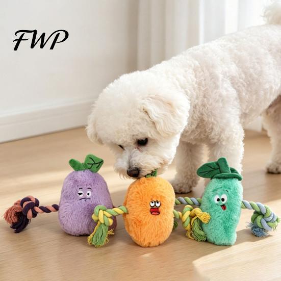 Soft Plush Dog Toy Stuffed Vegetable Toy, Interactive Squeaky Chew Carrot Eggplant Green Pepper with Rope Arm for Tug-of-war, Small to Medium Dogs