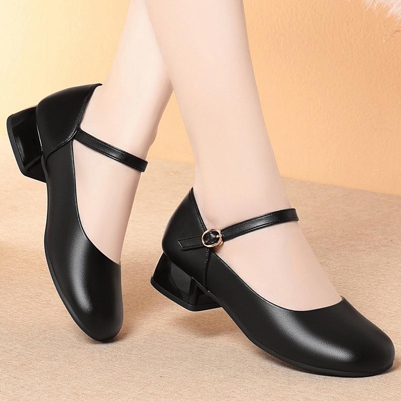 Fashion One-Line Button Mother Shoes Spring Autumn Square Toe Mary Jane Shoes Women's Single Shoes Work Shoes Leather Shoes Comfortable