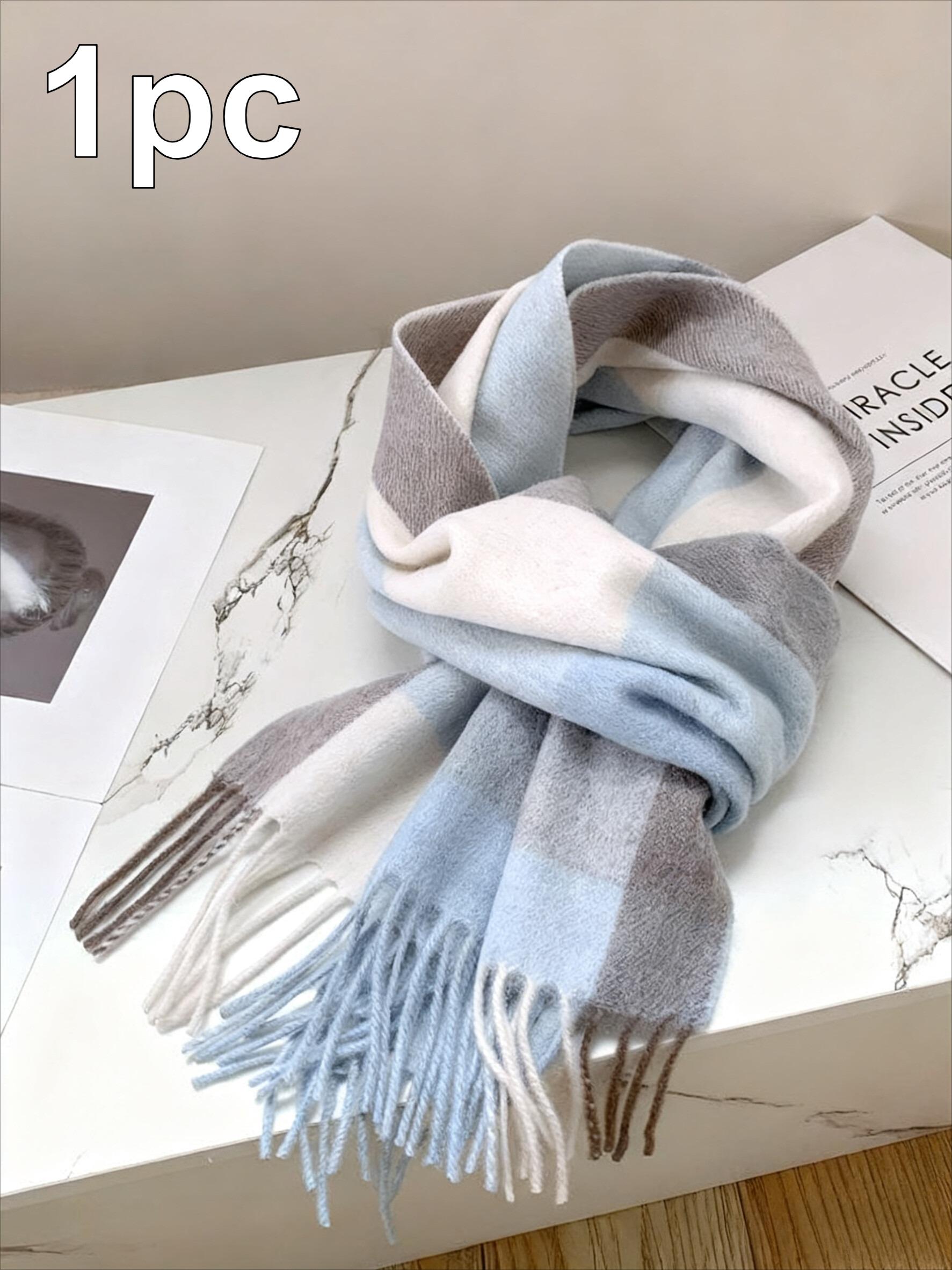 

1pc Women s 100% Wool Scarf - Soft Grey Blue White Brown Plaid & Solid Color Elegant Winter Neck Warmer, Luxury Fiber Shawl