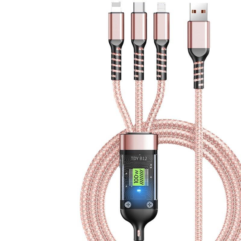 100W Crystal 3-in-1 Transparent Data Cable with Light Version