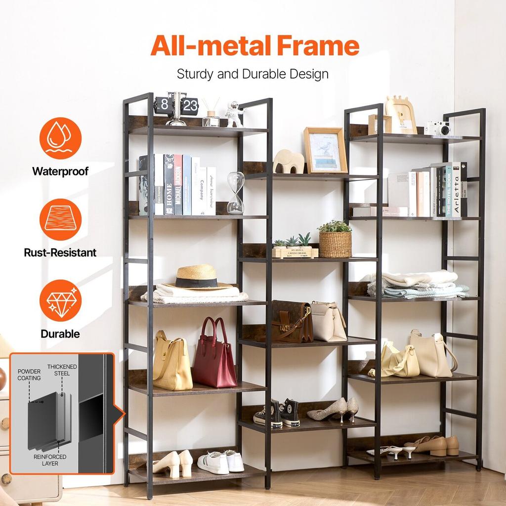Metal Bookshelf Rustic Bookshelf 14-Tier for Living Room Bedroom & Office