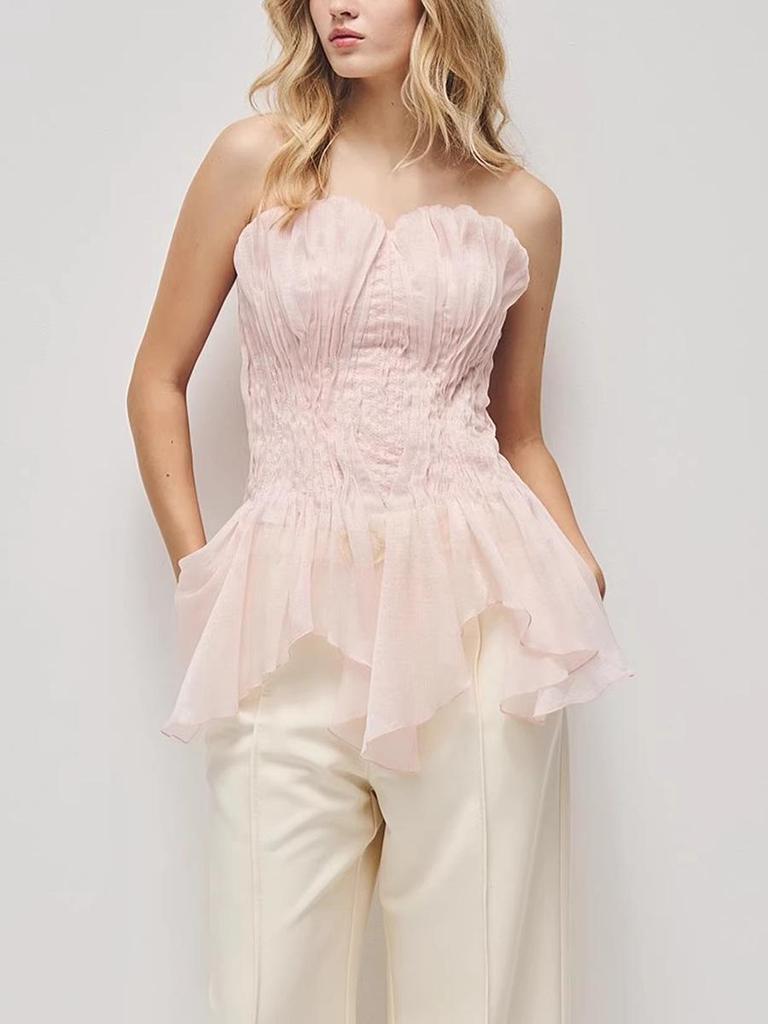 Pink Strapless Ruched Waist Vest - French Sweet Style, Stunning One-Shoulder Design