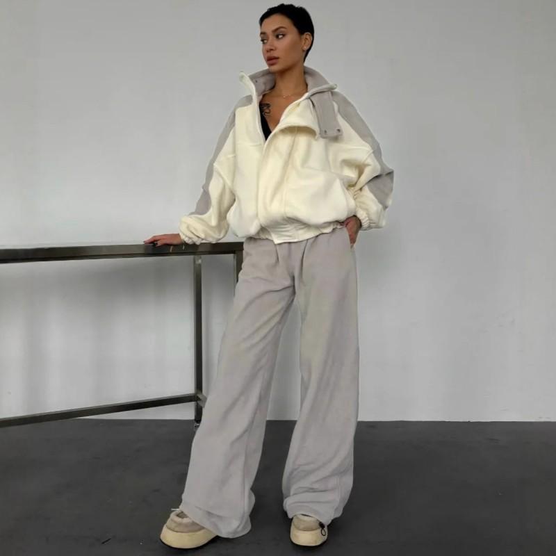 Warmer Anzug Modisches Lässiges Damenkleid Farbkontrast Reißverschluss Stehkragen Mantel Schnürung Hose