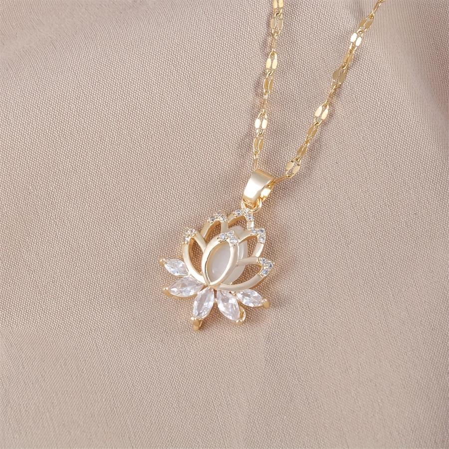 's Elegant Golden-Tone for Lotus Flower Pendant Necklace - Delicate Chain Jewelry with Sparkling Cubic petals, Everyday & Formal Necklace for Annivers