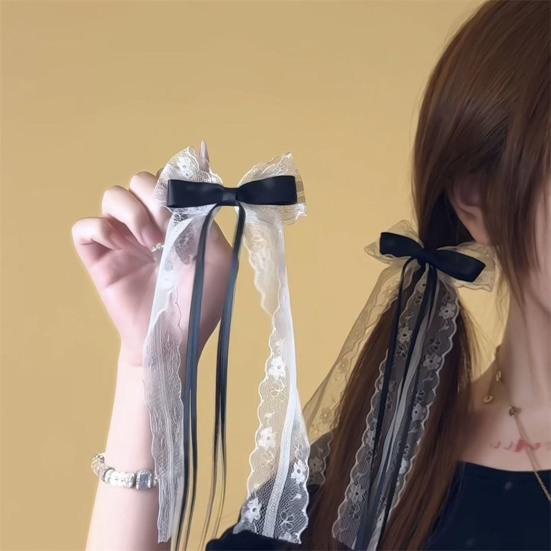 2Pcs Hairpin Embroidery Lace Pattern Ribbon Bow Hair Clip Color Matching Non-Damaging Rounded Hair Pin Hairstyle Accessory