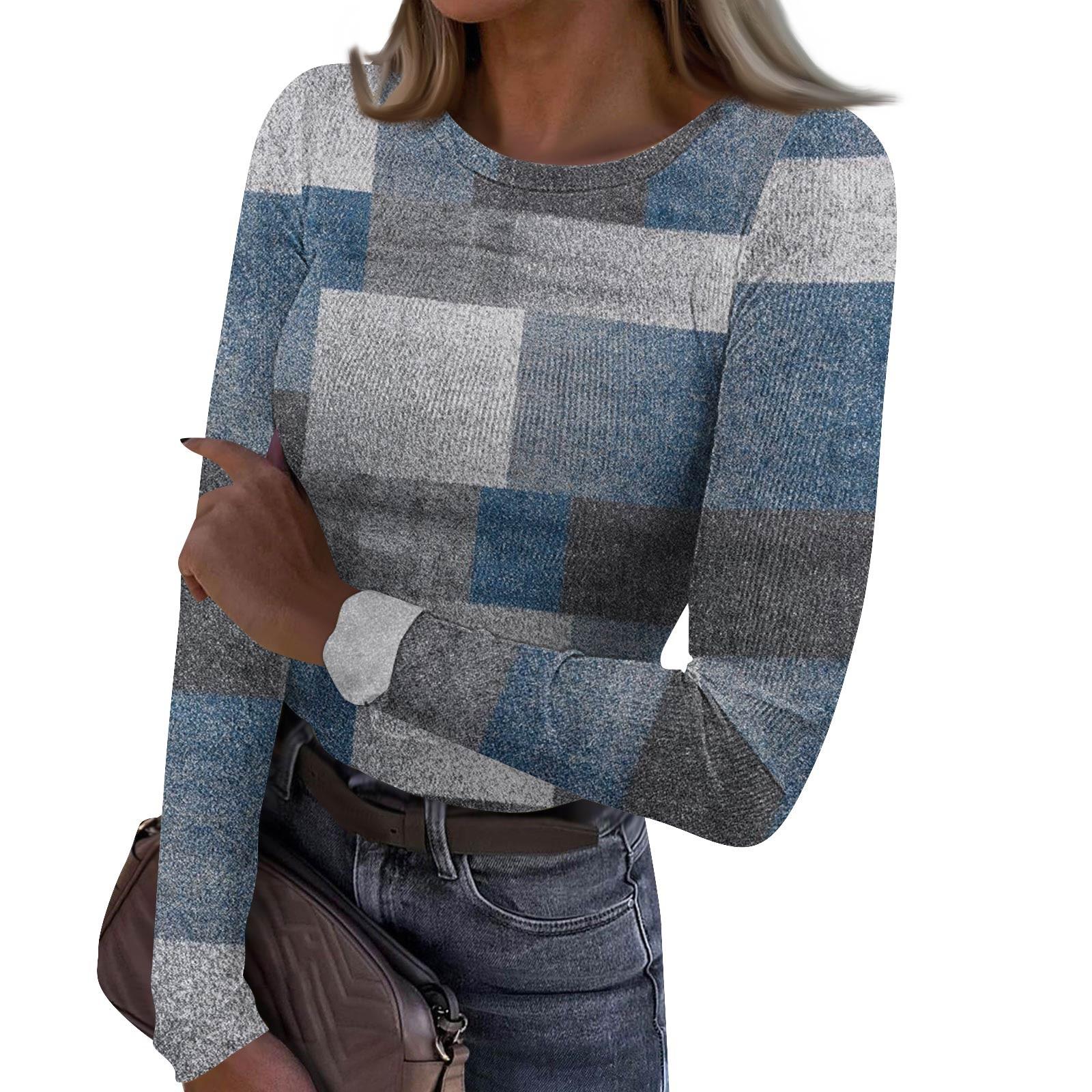 

Женская и зимняя футболка с тонким низом, модная повседневная футболка с градиентным принтом и круглым вырезом, пуловер с длинным рукавом M