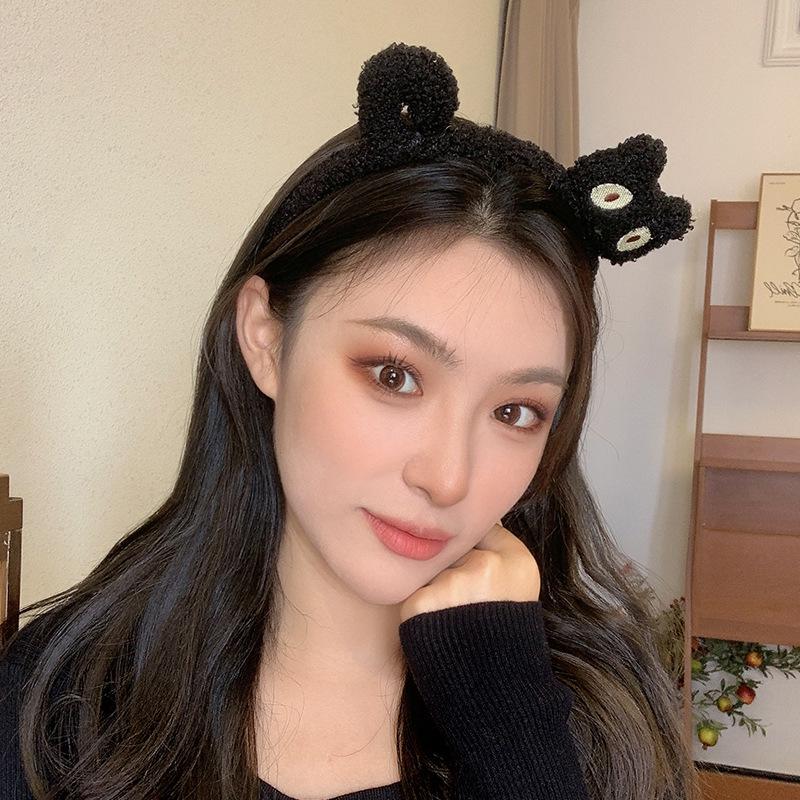 Korean-Style Handmade Black Cat Headband for Women - Cute Cartoon Hair Accessory for Face Washing & Makeup