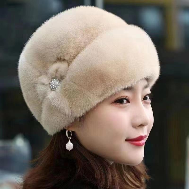 Women's Winter Fashion Imitation Mink Fur Hat with Leather for Middle-Aged and Elderly