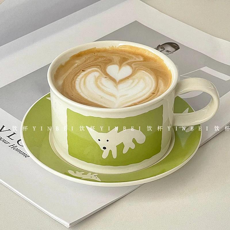 

Чашка и блюдце, керамическая настольная декоративная зеленая подглазурная цветочная печать и окраска, кофейная чашка, ручная роспись, лиса, латте-арт