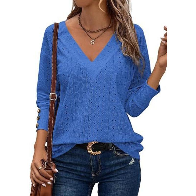 BITCED Women's Fashion Casual Solid Color Print Long Sleeve V Neck Blouses & Shirts