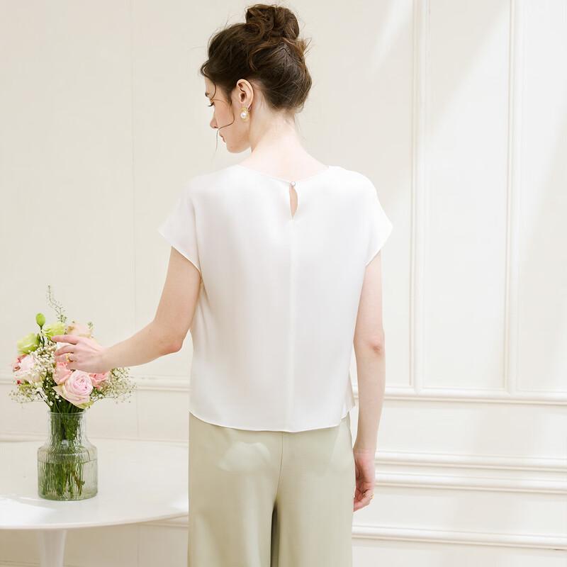 TUHUANG Women's Silk Blend Round Neck Twist Knot Split Top