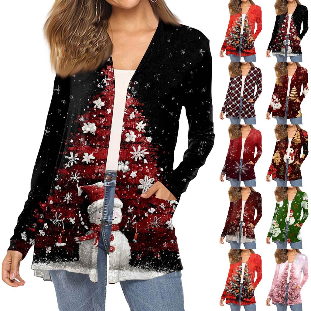 Women's Fashion Christmas Print Long-Sleeved Pocketed Slim-Fit Cardigan Coat