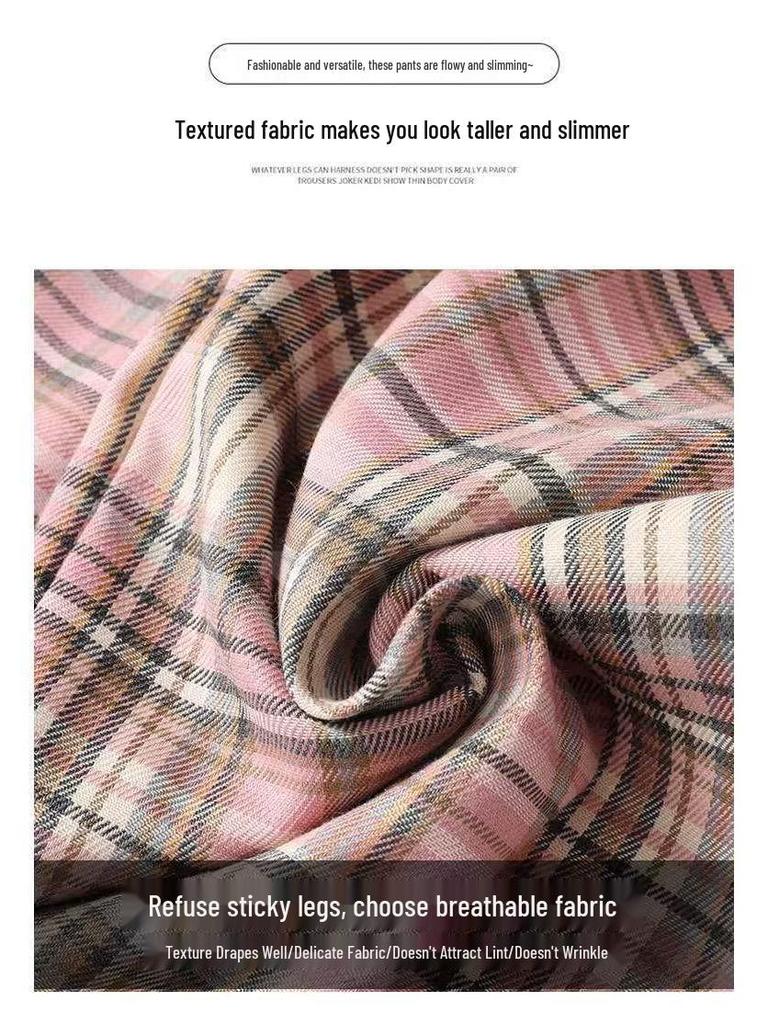 Petite Retro Pink Plaid Wide-Leg Pants, 150cm