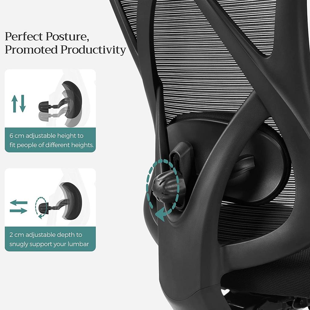 SONGMICS Office Chair, Ergonomic Desk Chair, Computer Chair, Mesh Chair, Adjustable Lumbar Support and Headrest, 150 kg, Height-Adjustable, Black