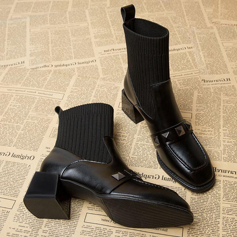 Boots Women's Spring and Autumn 2025 New Medium Heel Skinny Martin Boots Single Boots Women's Shoes High Heel Socks Boots Short Boots
