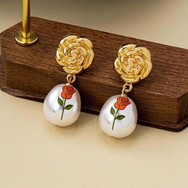 C-Shaped Water Drop Rose Earrings Women Men Minimalist Chic Geometric Studs With Pearl Post Gold Plated Stud Earring
