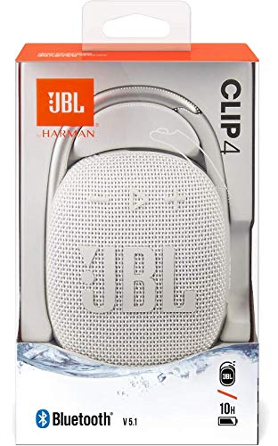 JBL CLIP4 Bluetooth Speaker, USB C Charging, IP67 Dustproof and Waterproof, with Passive Radiator, Portable, 2021 Model, White (JBLCLIP4WHT)