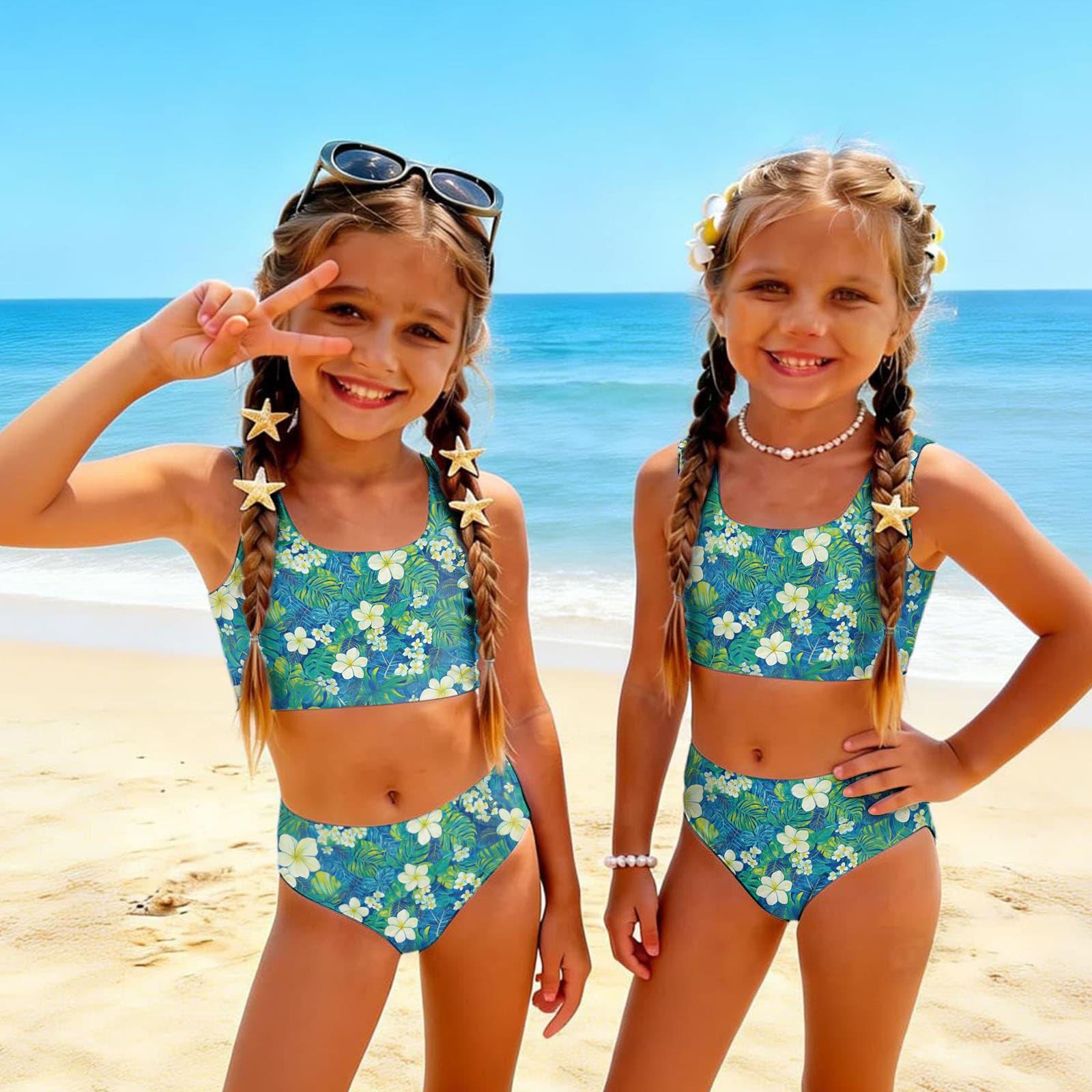 

Girls Two Piece Swimsuit Set Hawaiian Print Tankini Top and High Waist Bottoms Kids Beachwear Swimwear for Summer 90