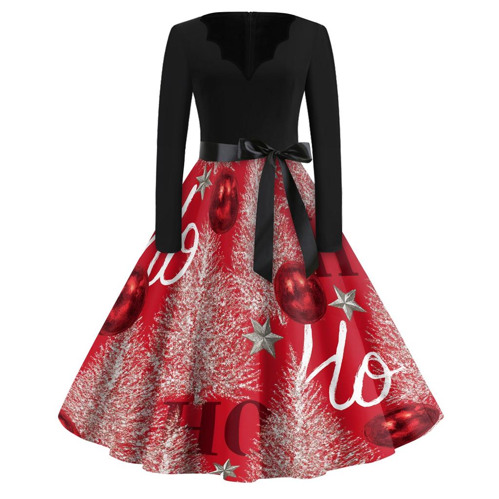 Women's Retro V-Neck Christmas Dress with Snowflake and Christmas Tree Print, Vintage A-Line Dress for Holiday Party