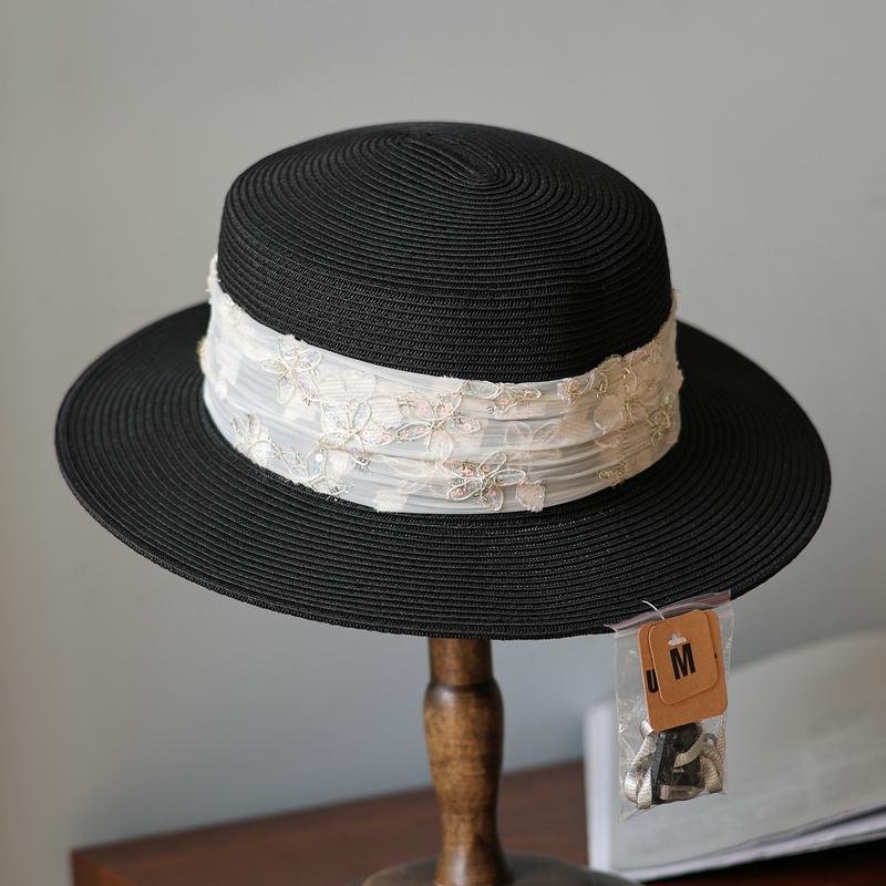 Sweet sequined flower webbing flat top top hat fashion travel vacation shade spring and summer sun protection straw hat woman
