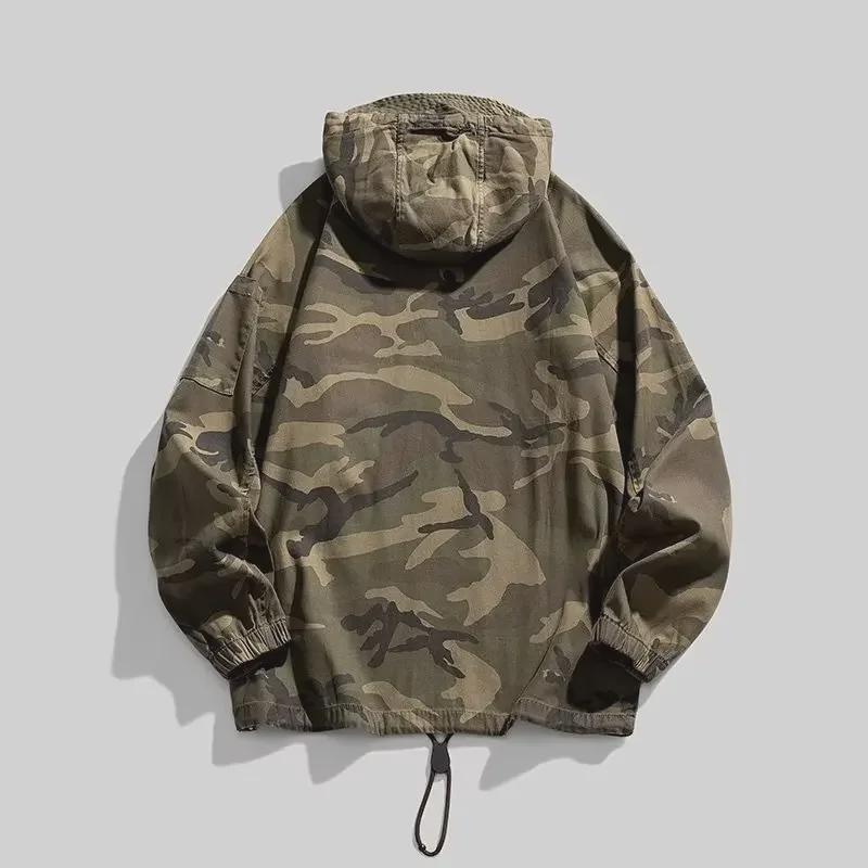 Retro American Camouflage Hooded Jacket: Autumn & Winter Outdoor Workwear with Half Zipper