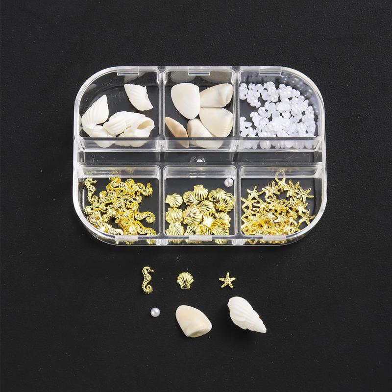 1 Box Metal Summer Ocean Nail Art Charms 3D Shell Starfish Seahorse Pearl Beads Alloy Nail Jewelry Mixed Manicure Studs Decor