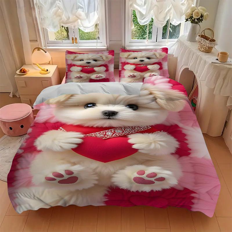 3pcs Anime Cute Dog Heart Pillowcase Set - Includes One Quilt Cover and Two Pillowcases (No Core) - Polyester Fabric, Perfect for Bedroom and Gue