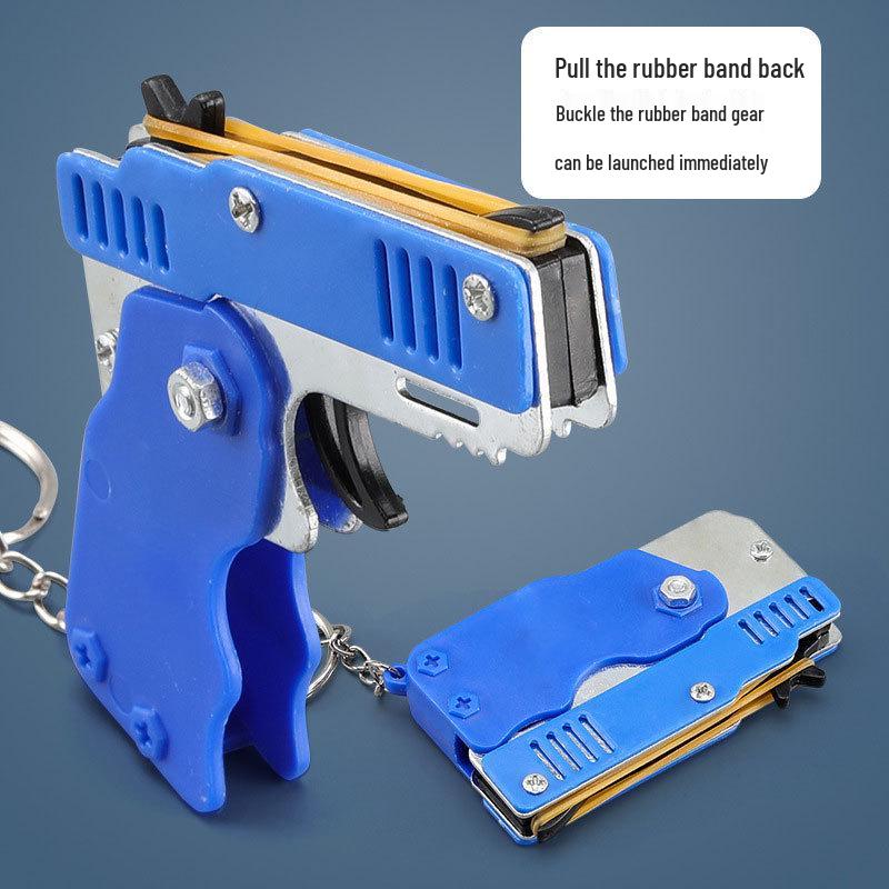 Folding Alloy Rubber Band Gun Toy Keychain for Kids