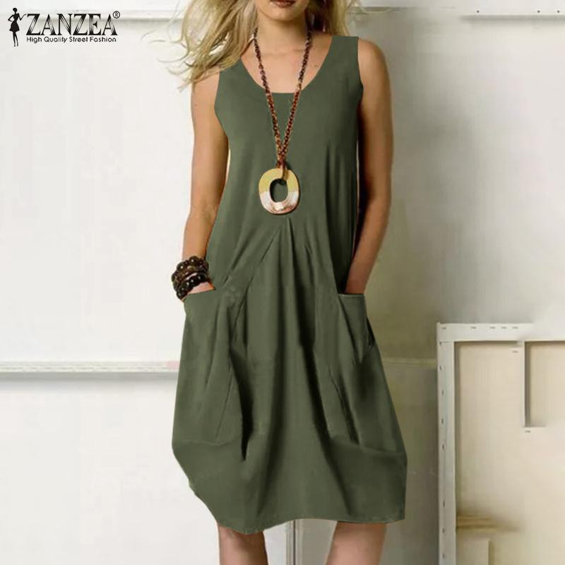 

ZANZEA женское летнее повседневное хлопковое платье без рукавов с круглым вырезом