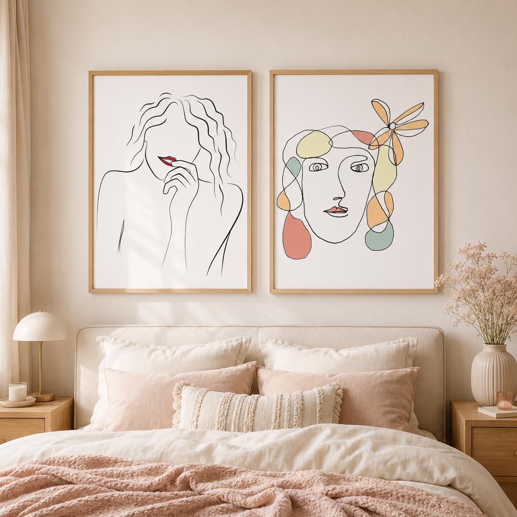 Abstract Wall Art Minimalist Line Art Female Portrait Sketch Canvas Painting Nordic Style for Bedroom Living Room Wall Decor