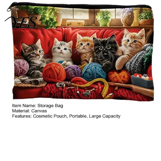 Beach Storage Organizer Toiletry Bag Organizer, Cat Printed Bag, Durable Canvas Sand-proof Cosmetic Pouch, for Travel Makeup Stationery