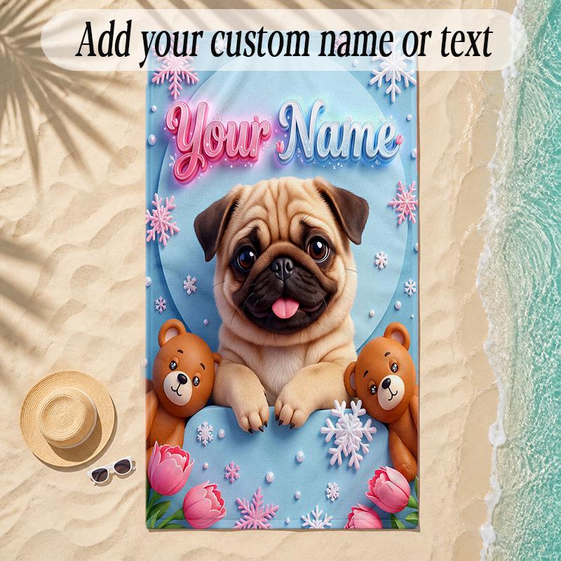 Pug Theme Soft Beach Towel Personalized Custom Name Text Towel Portable for Beach Pool Travel