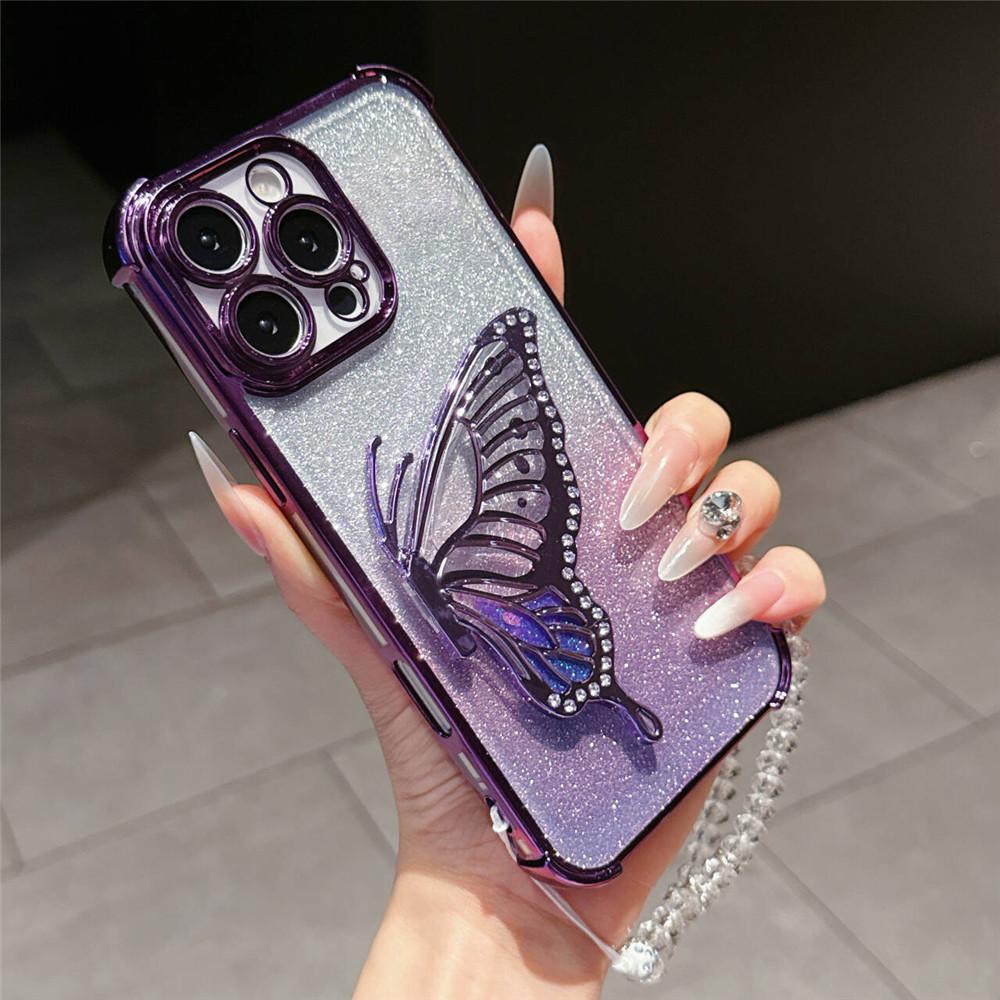 Redmi Note 14 Pro 5G Shockproof Glitter Butterfly Holder Stand Case For Xiaomi Redmi Note 14S 13 14 Pro Plus Crystal Chain Cover